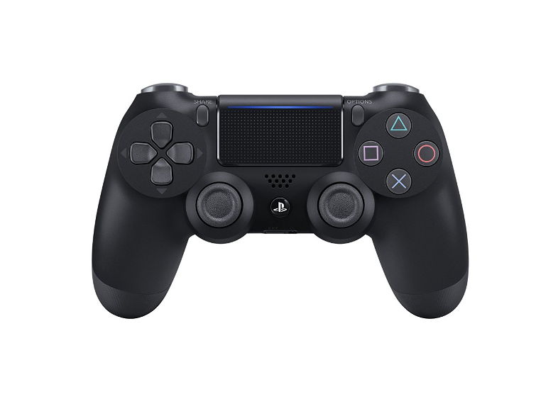 Fekete PlayStation 4 vezérlő fehér háttérrel. Gombokkal és két joystickkel.