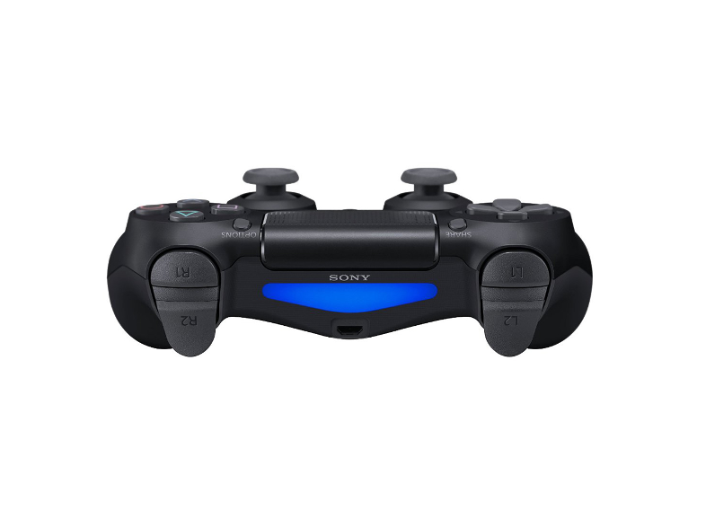 Fekete Sony PS4 kontroller, felülnézet, gombokkal és érintőpaddal. Fehér háttér.