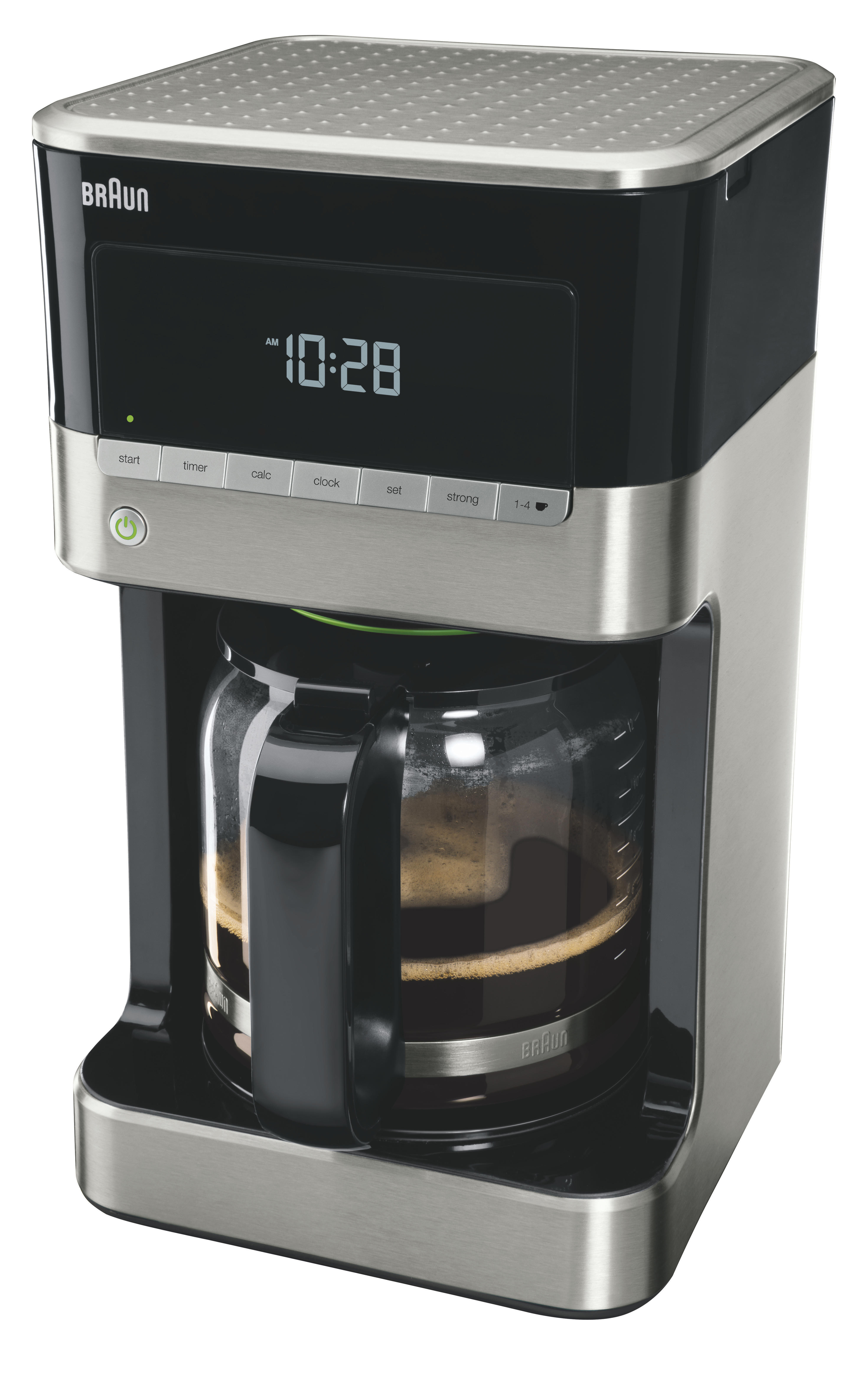 Coffee maker with black and silver body. Displays time 10:28. Glass carafe with coffee inside. Buttons for start, timer, etc.