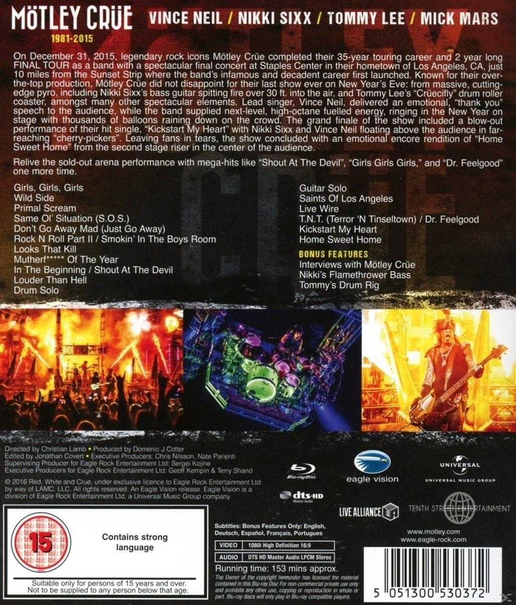 Rückseite einer Motley Crue DVD. Text und Bilder auf weißem Hintergrund.