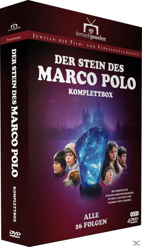 DVD-Box von "Der Stein des Marco Polo" mit Kindern und einem großen blauen Edelstein.