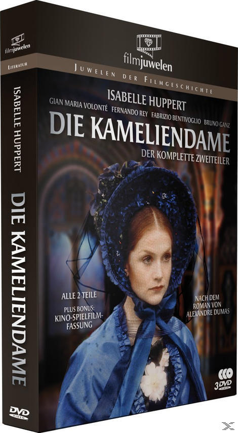 DVD-Boxset: Isabelle Huppert in 'Die Kameliendame'. Dunkler Umschlag mit Schauspielerin, Titel auf Deutsch.