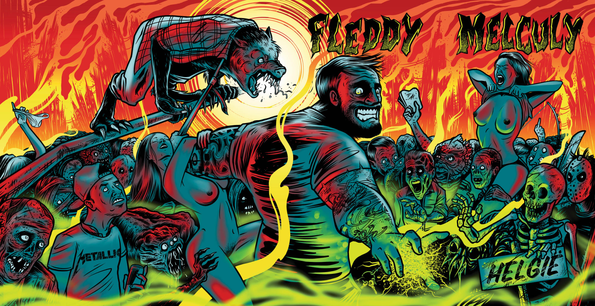 Illustration : Homme tatoué entouré de zombies, ours et texte 'Fleddy Melculy'.