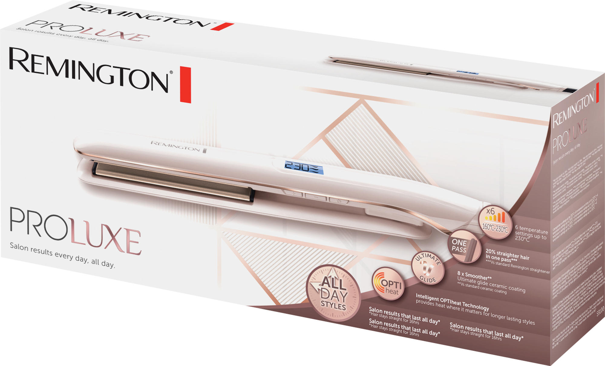 Weiße und roségoldene Remington ProLuxe Haarglätter-Box mit Text und Bildern.