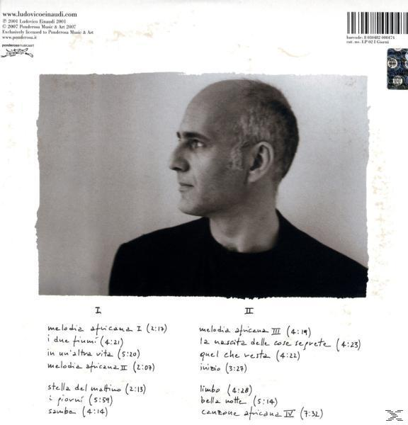 Albumrückseite mit Profil eines Mannes, Titelliste und Text. Schwarz-Weiß-Bild.