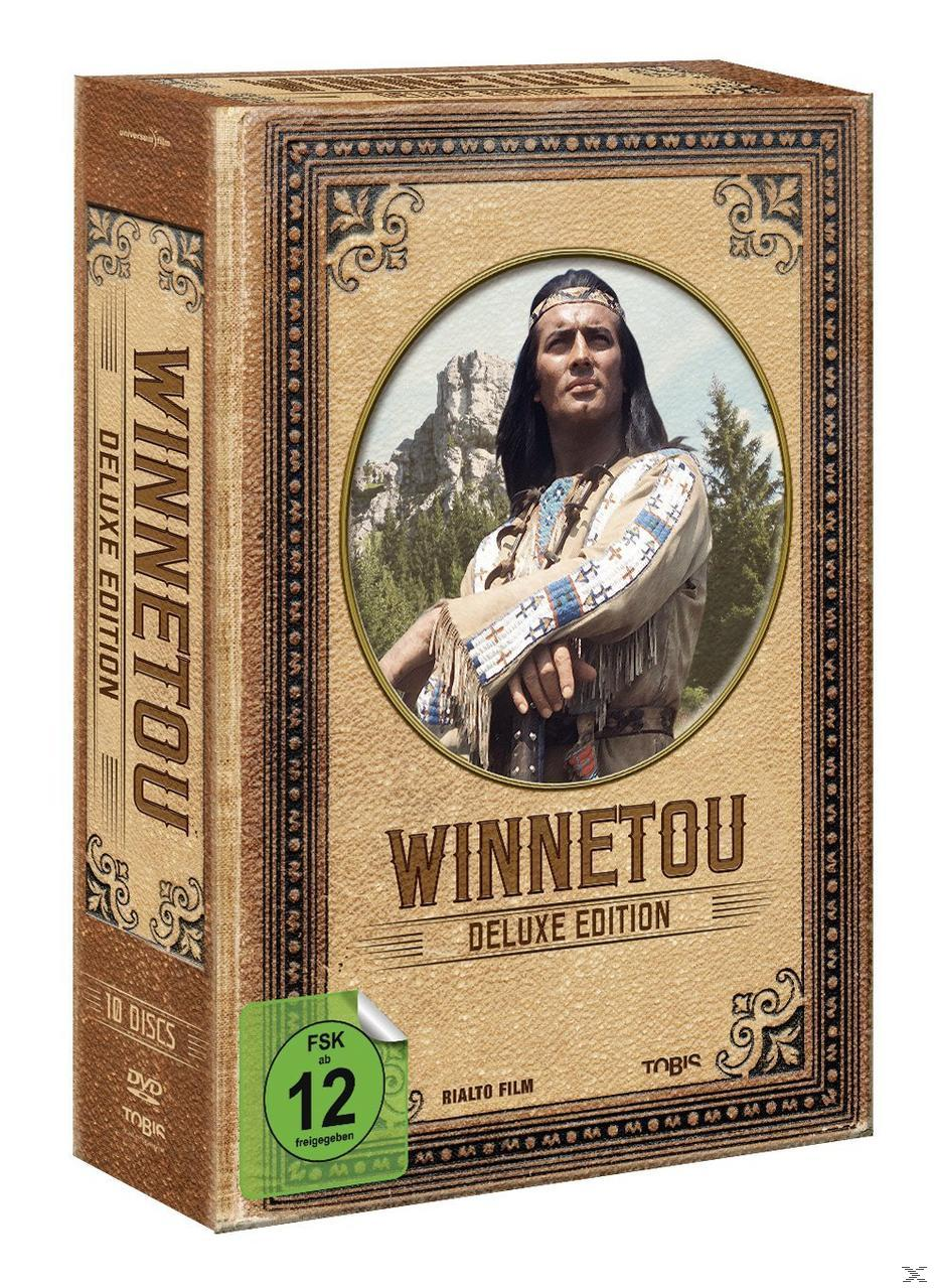 DVD-Box-Set von 'Winnetou'. Porträt von Winnetou. Braune Box mit Text und Designelementen.