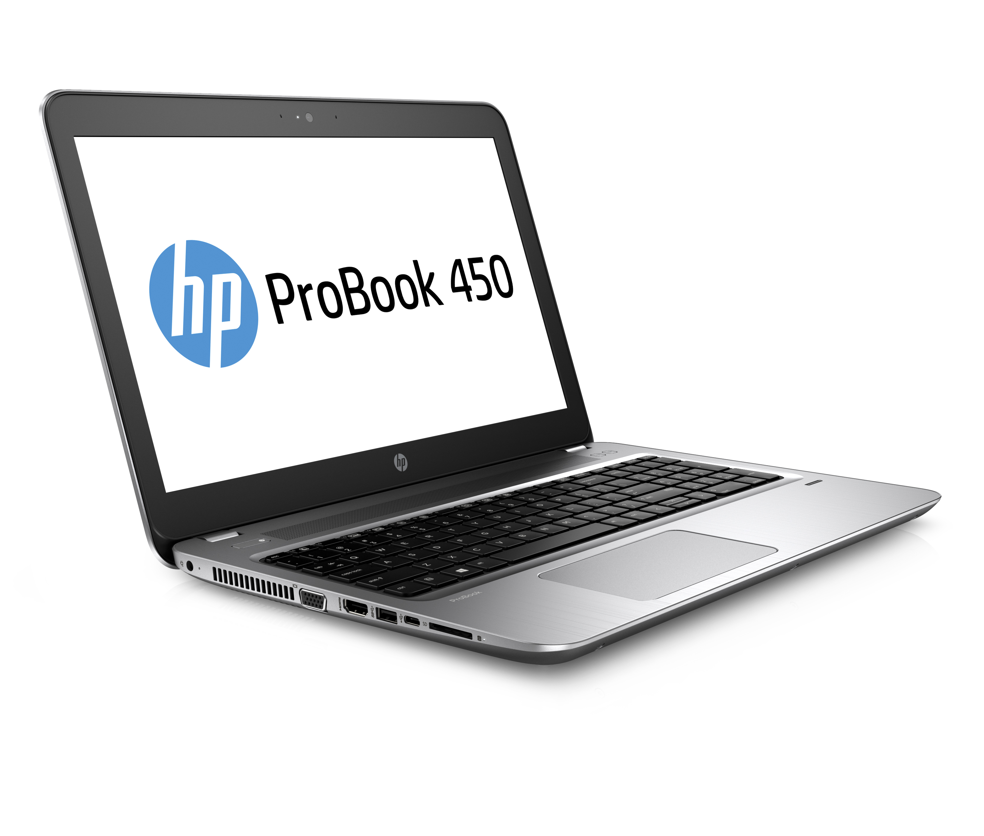 Silberner HP ProBook 450 Laptop offen auf weißem Hintergrund. Der Bildschirm zeigt das HP-Logo.