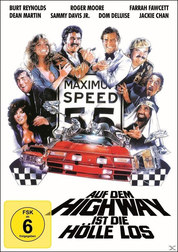 Filmposter für 'Auf dem Highway ist die Hölle los'. Schauspieler und ein rotes Auto, gelber Rahmen.