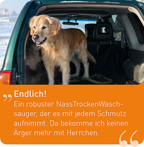 Ein Golden Retriever im Heck eines grünen SUV. Text auf Deutsch, mit einem Zitat vom Hund.