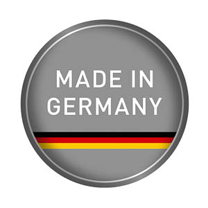 Ein grauer Kreis mit dem Text MADE IN GERMANY und den Farben der deutschen Flagge.