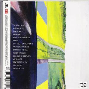 CD-Cover mit abstrakter Kunst. Der Text enthält Songtitel wie "Select All Delete".