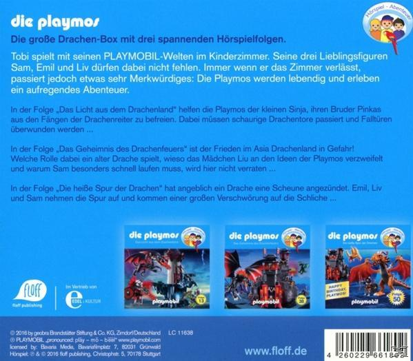 Rückseite eines Die Playmos CD-Covers. Das Cover zeigt Playmobil-Figuren in verschiedenen Szenen.