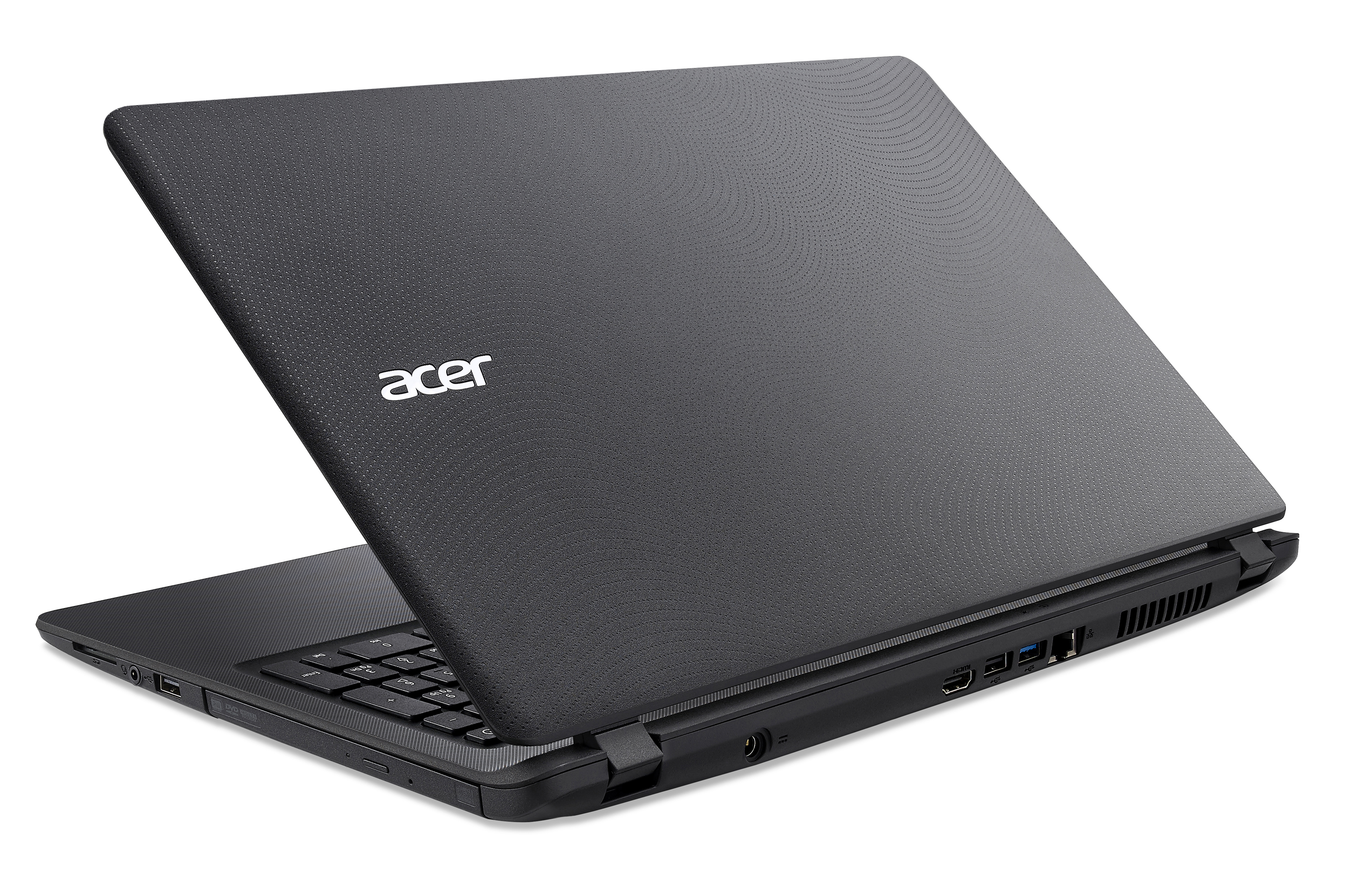 Schwarzer Laptop mit silbernem Acer-Logo in der Mitte. Der Laptop ist leicht geöffnet.