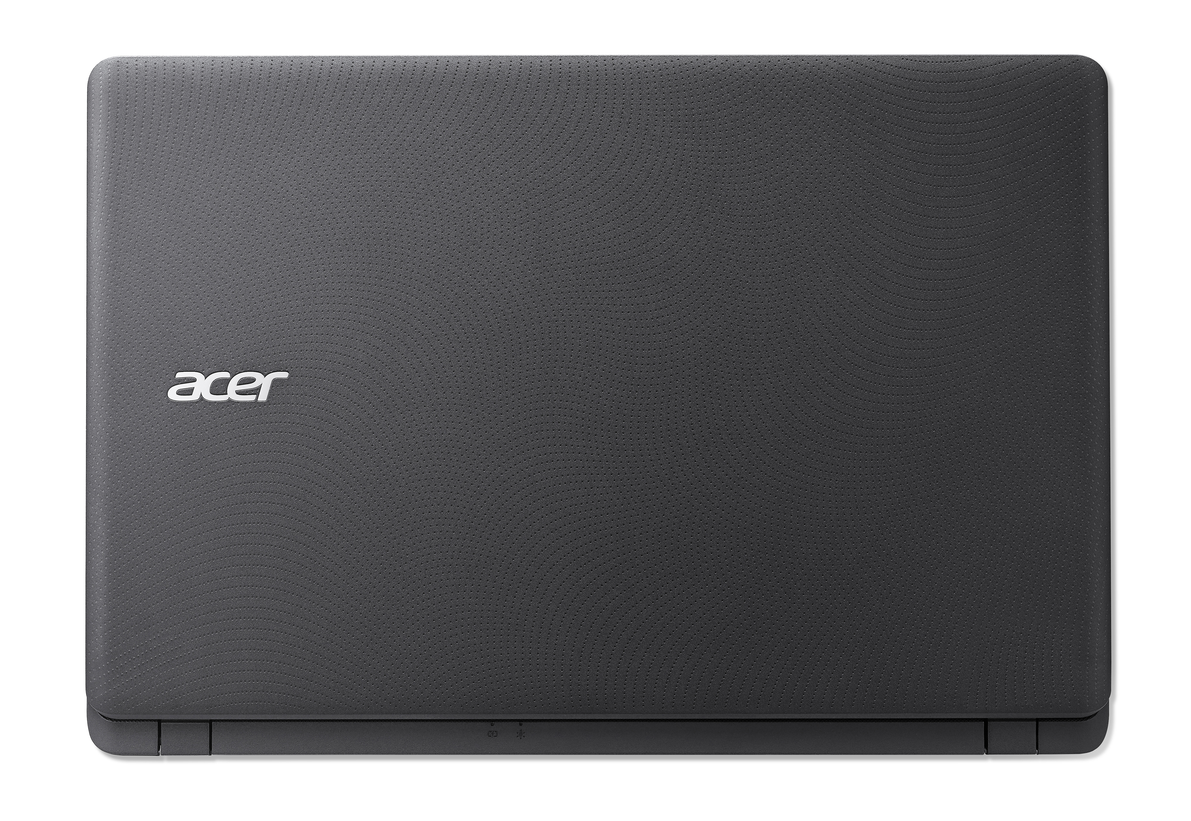 Dunkelgraues Acer-Laptop, Draufsicht. Acer-Logo in der Mitte. Perforierte Textur. Weißer Hintergrund.