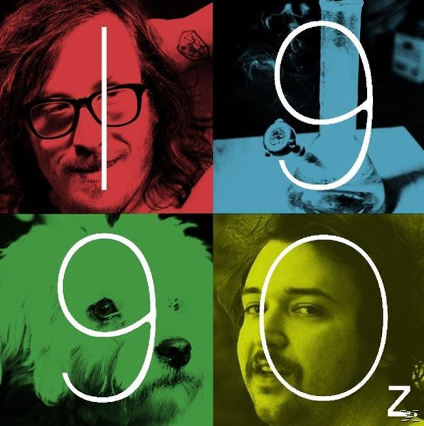 Albumcover mit Gesichtern in vier Quadranten, Zahlen 1, 9, 9, 0 und dem Buchstaben N. Bunt.