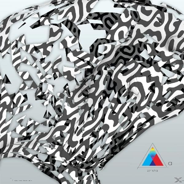 Abstrakte Kunst mit Schwarz-Weiß-Mustern mit einem farbenfrohen Dreieckslogo unten rechts.
