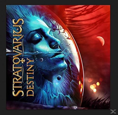 Albumcover-Kunst. Das Gesicht einer Frau im Wasser, Blautöne, goldener Text 'STRATOVARIGIS' & 'DESTINY'.