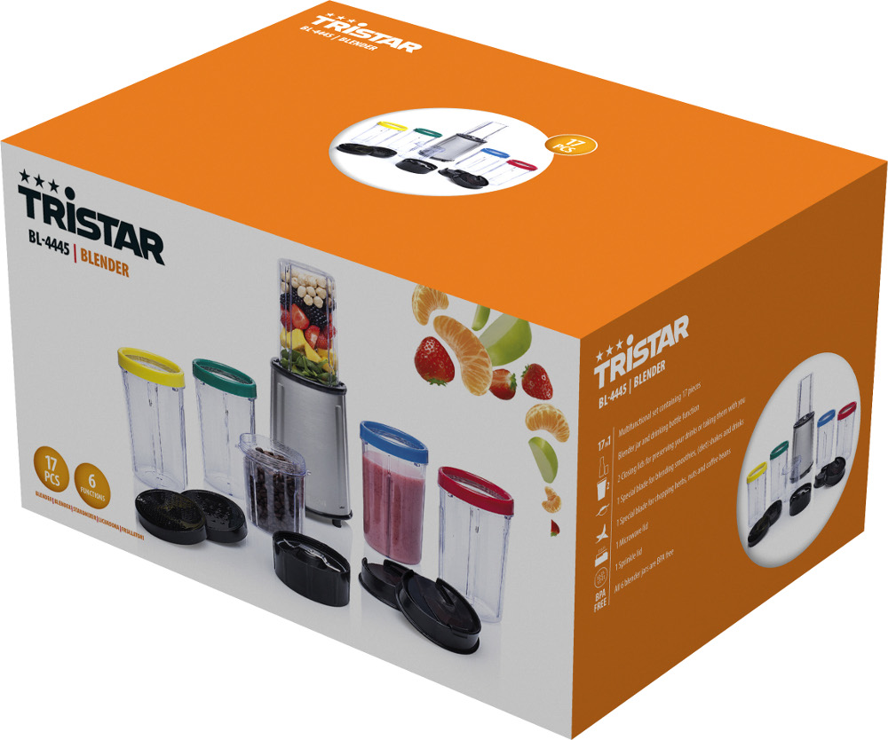 White and orange Tristar blender box with blender parts, blenders, and fruits. Includes information.