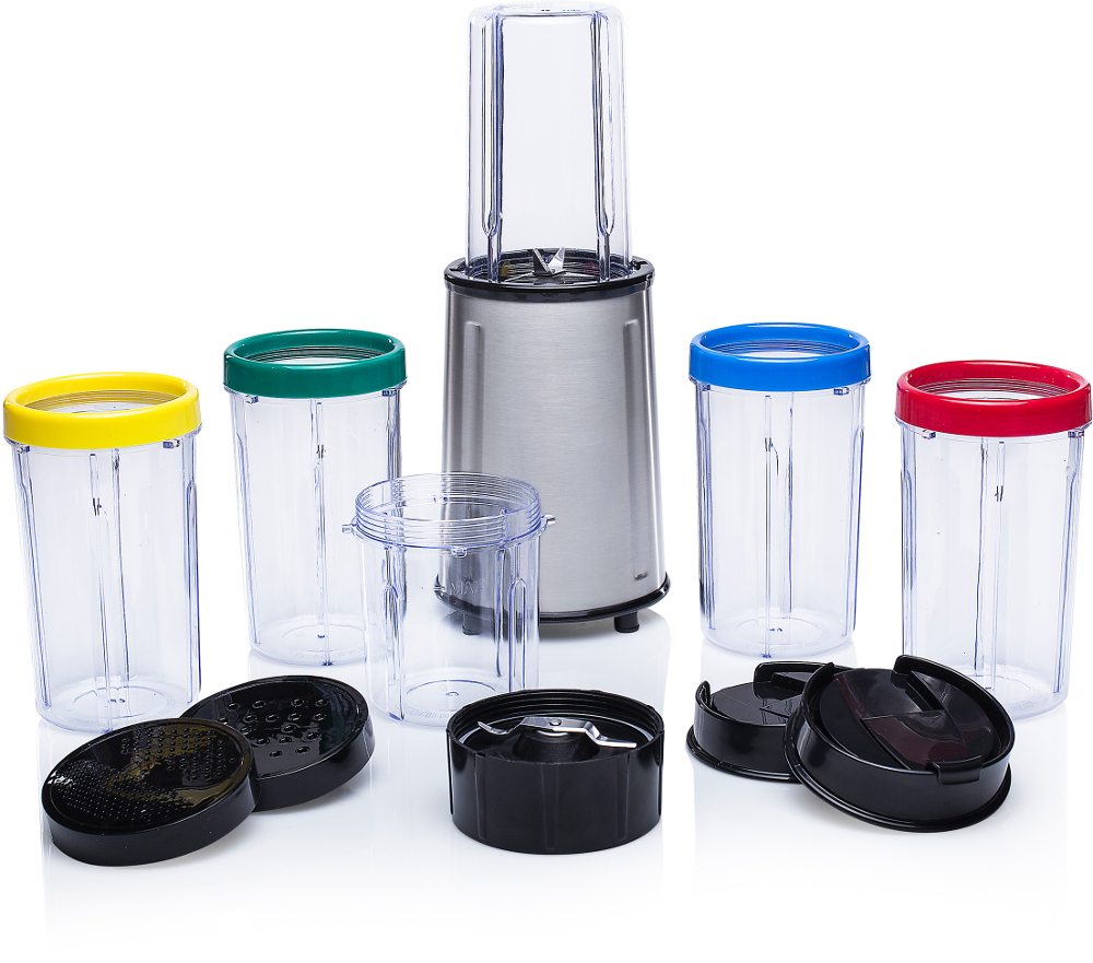 A blender with multiple clear containers and lids of different colors. A stainless steel base is also present.