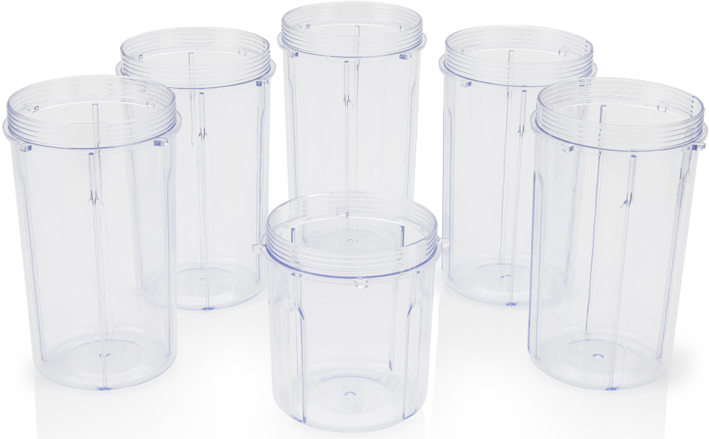 Six transparent blender cups on a white background, various shapes and sizes.