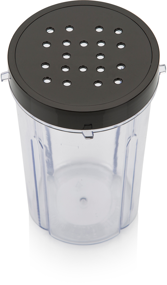 A clear plastic container with a black lid that has holes in it.