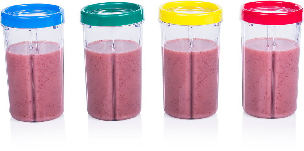 Four smoothie cups with different colored lids, each filled with a pink smoothie.