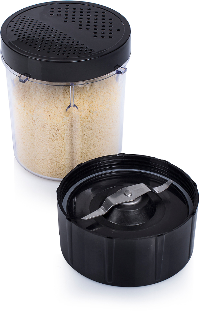 A food blender with a container filled with grated cheese, and the blade attachment.