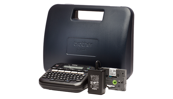 A label maker kit with a black case and accessories. White background.