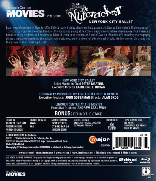 DVD-Hülle von The Nutcracker, New York City Ballet. Rückseite mit Details, Besetzung und Credits.
