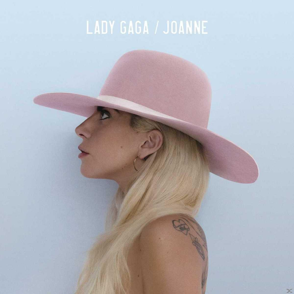 Lady Gaga auf dem Albumcover. Profilansicht mit pinkem Hut. Hellblauer Hintergrund.