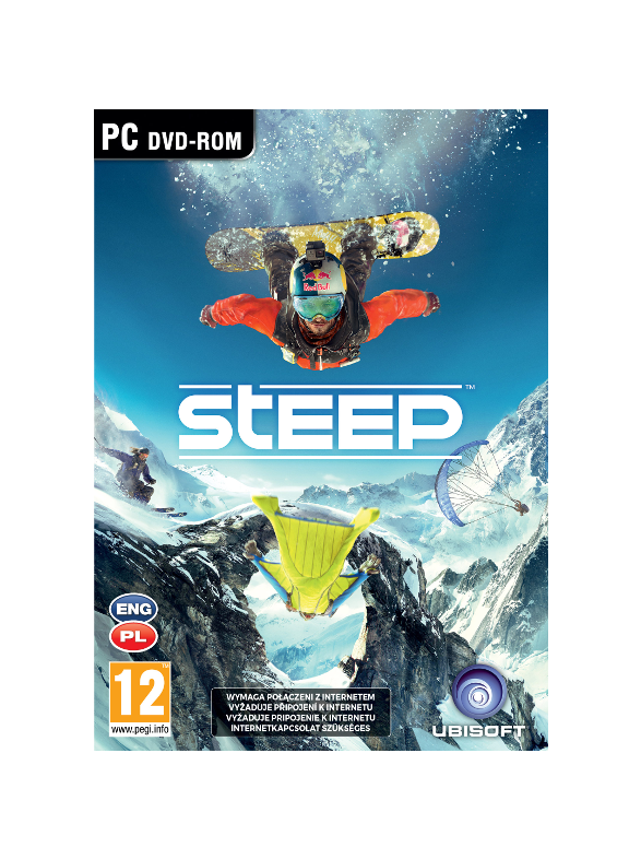 A Steep játék borítója, amelyen egy snowboardos, egy wingsuitos és egy siklóernyős látható havas hegyek felett.