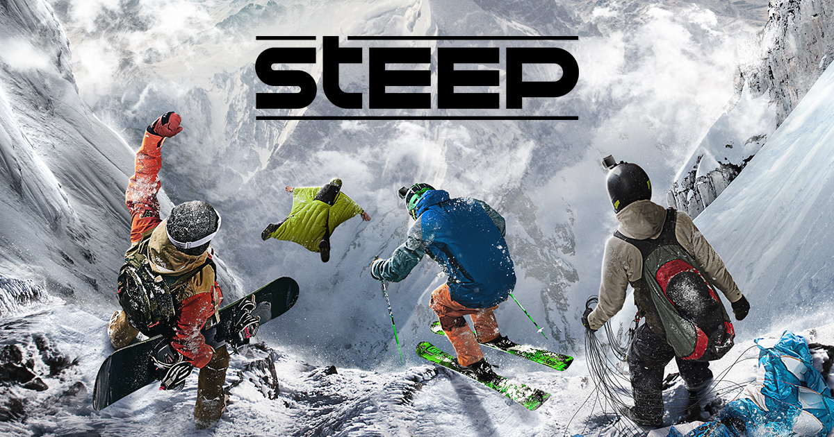 Steep videojáték borító. Síelés, snowboardozás és wingsuit repülés a hegyekben.