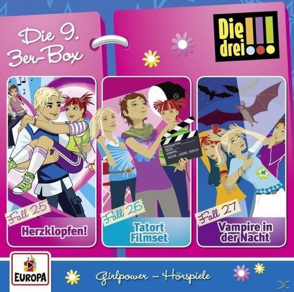 Drei Cartoon-Cover von Die Drei ??? Büchern, Fall 25, 26 und 27, mit rosa Hintergrund.