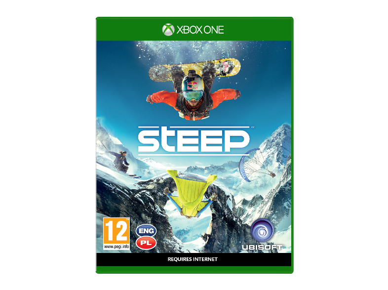 Steep Xbox One játéktok. Egy snowboardozó a levegőben. Kék-fehér hegyi háttér.
