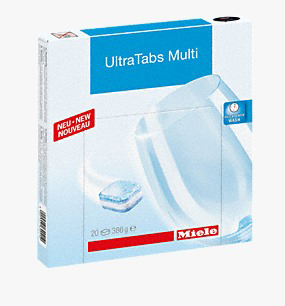 Geschirrspültabs in einer Box mit Text: UltraTabs Multi, neu und einem Uhrensymbol. Weißer Hintergrund.