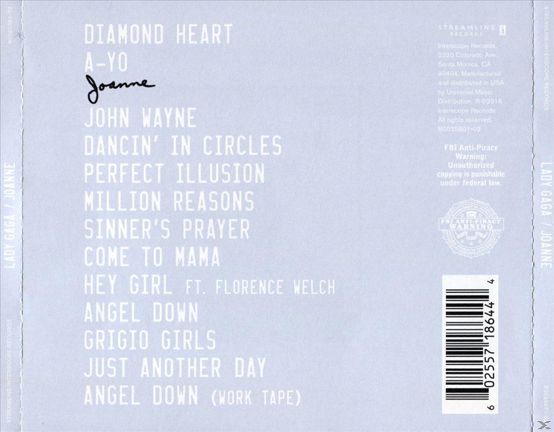Rückseite der 'Joanne' CD von Lady Gaga mit Titelliste, Credits und Unterschrift.