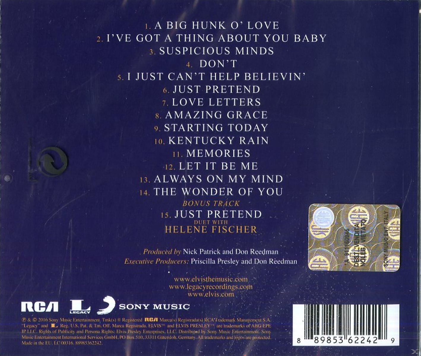 CD-Cover. Rückseite eines Elvis-Presley-Albums. Liste der Songtitel. Blaue und weiße Farben.