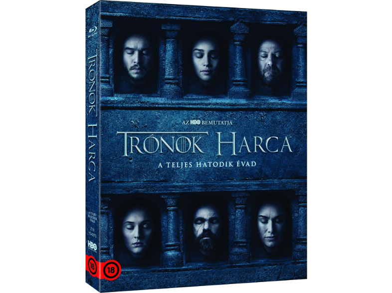 Trónok harca DVD-box. Arcok kőkeretekben, címfelirat, besorolási matrica.