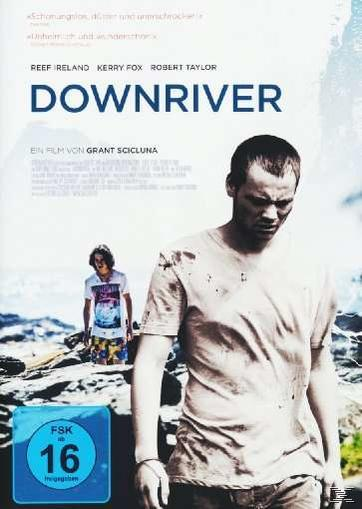 DVD-Cover des Films Downriver. Ein Mann in einem T-Shirt und eine weitere Figur im Hintergrund.