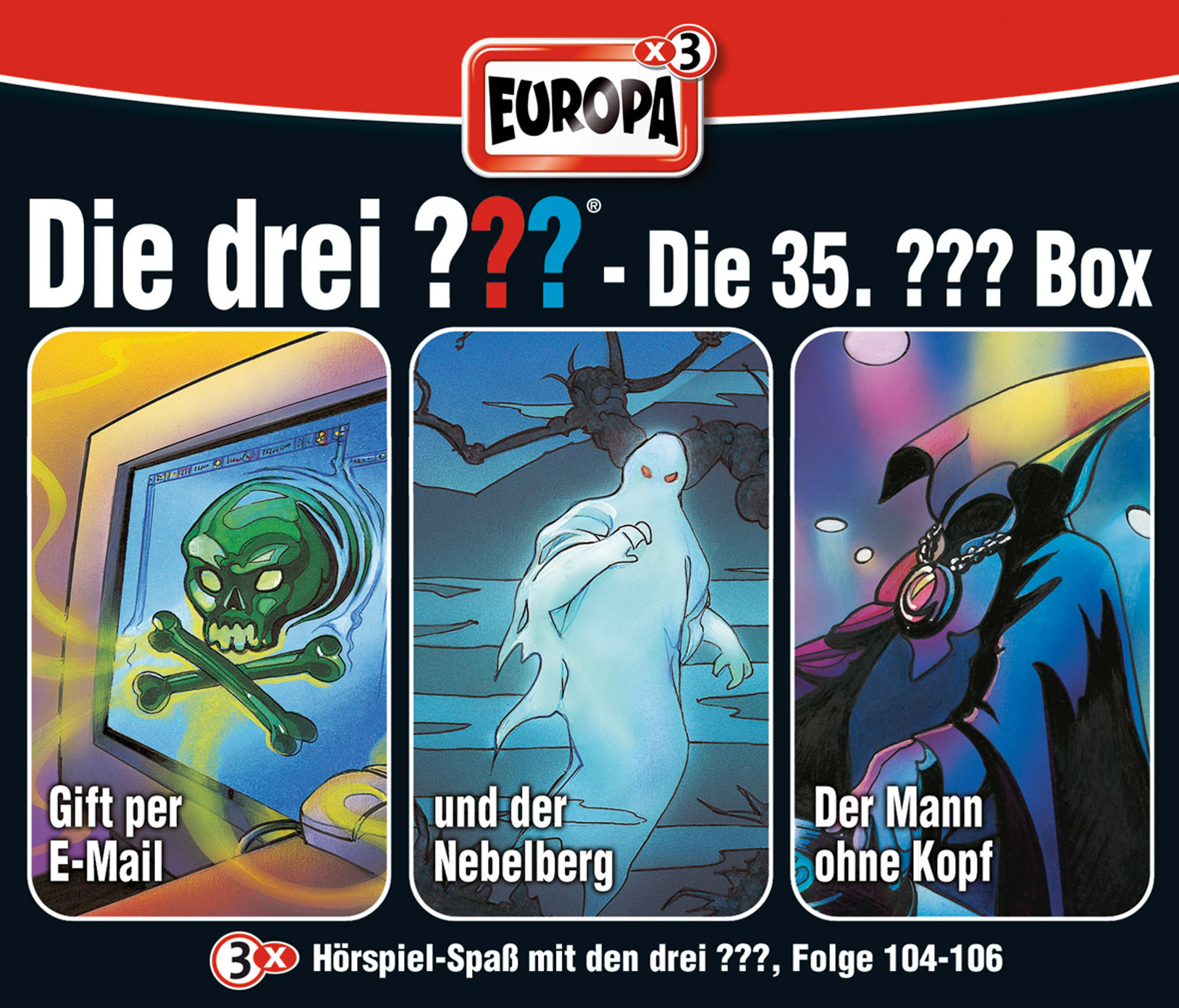 Cover einer Kinderbuchserie mit drei Illustrationen. Der Titel lautet auf Deutsch: Die drei ??? - Die 35. ??? Box.