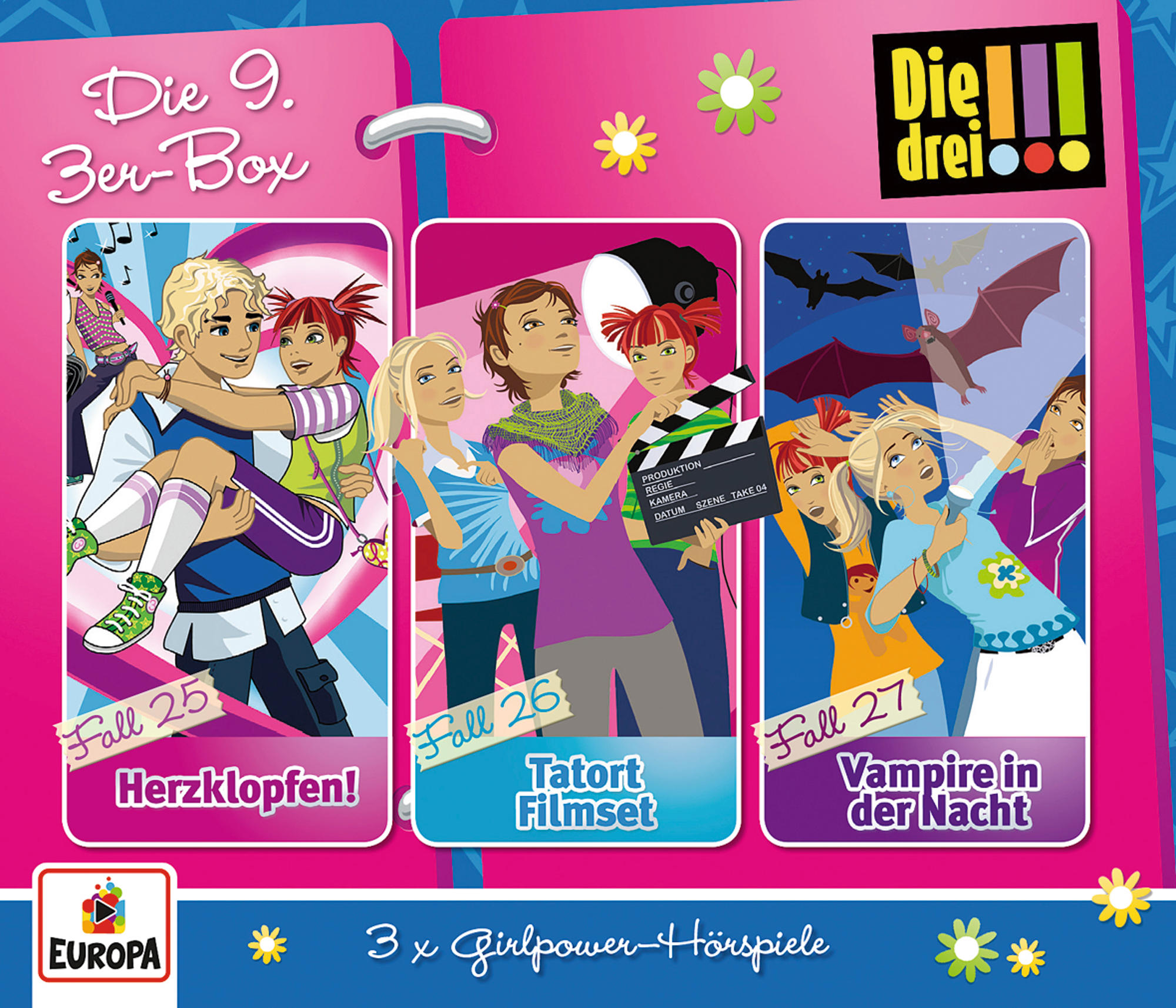 DVD-Hülle mit drei bunten Panels von Zeichentrickfiguren und pinkfarbenem Hintergrund.