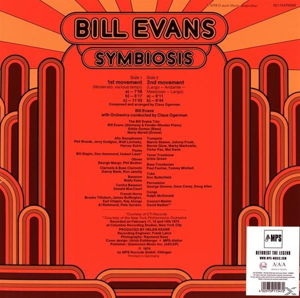 Albumcover: Bill Evans Album 'Symbiosis'. Orange-rotes Design mit Titellisten und Orchester-Credits.