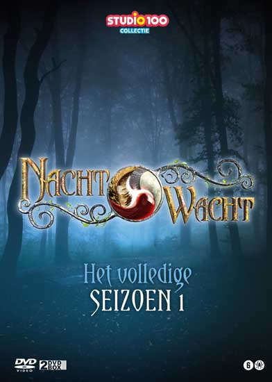 Jaquette de DVD pour Nachtwacht Saison 1. Image d'une forêt avec un logo et du texte en néerlandais.
