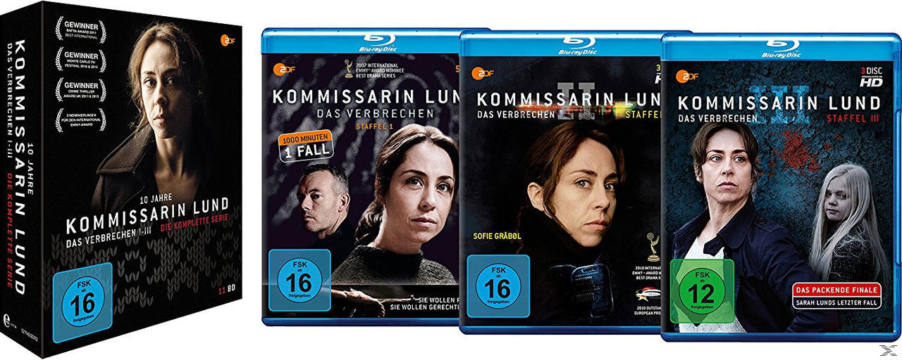 Box-Set von Kommissar Lund, Serie I-III, mit Porträt einer Frau.