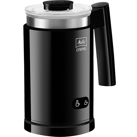 Schwarzer Melitta Cremio Milchaufschäumer. Mit Griff und zwei Tasten für Milchoptionen.