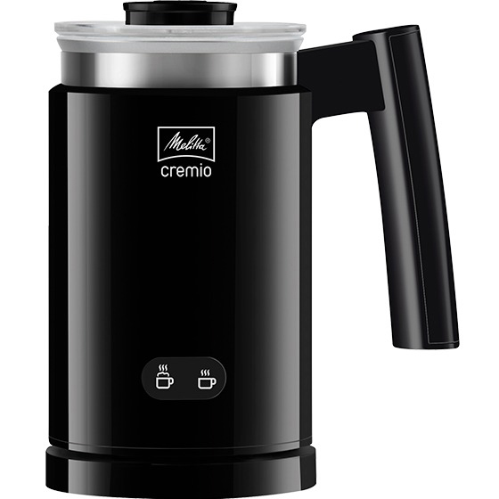 Schwarzer Melitta Cremio Milchaufschäumer mit Griff und Knöpfen.