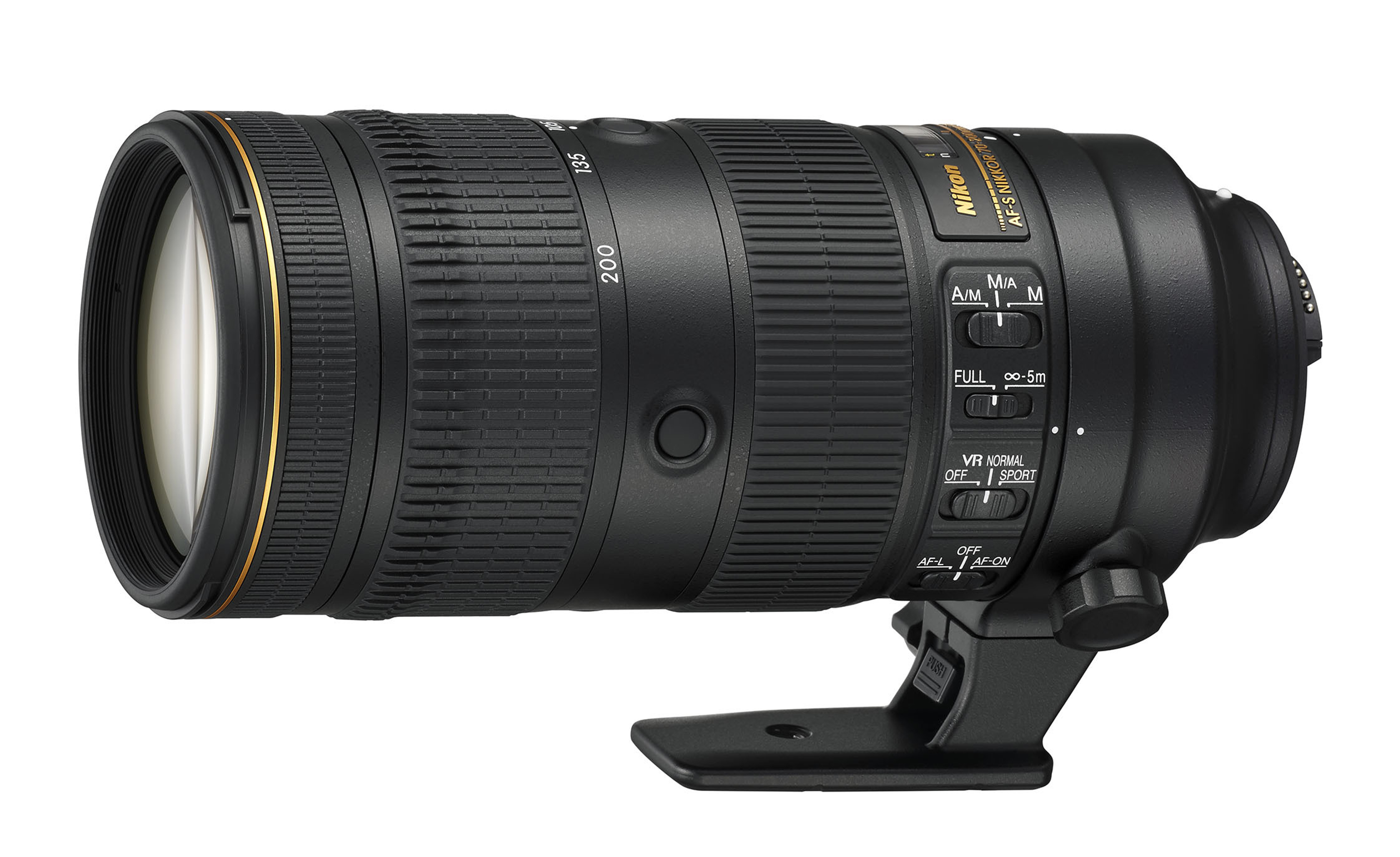 Schwarzes Nikon-Objektiv mit goldenen Akzenten, Halterung und Einstellmöglichkeiten.