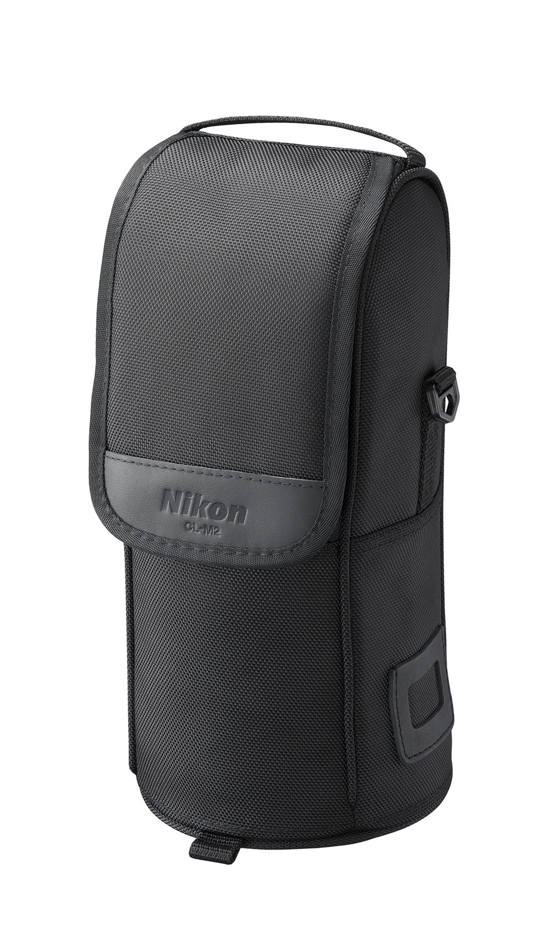 Schwarzes Nikon-Objektiv-Etui, zylindrische Form, mit Lederakzent und Griff.