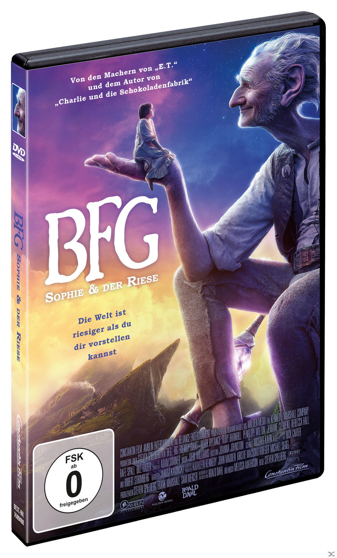 DVD-Hülle mit dem Titel "BFG" und einer Illustration eines Riesen und eines Mädchens. Sie hat deutschen Text.