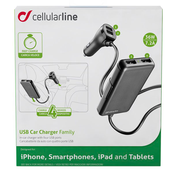 Eine USB-Autolader-Verpackung mit Ladegerät und mehreren USB-Anschlüssen, für iPhone, Smartphones, iPad und Tablets.